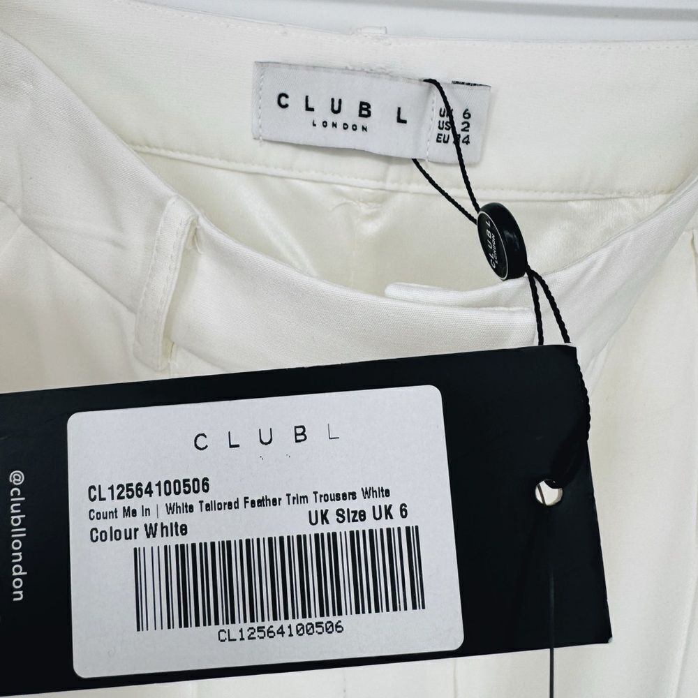 Club L London Count Me In White Tailored Feather Trim Trousers Sz‎ 2 NWT - Picture 11 of 14